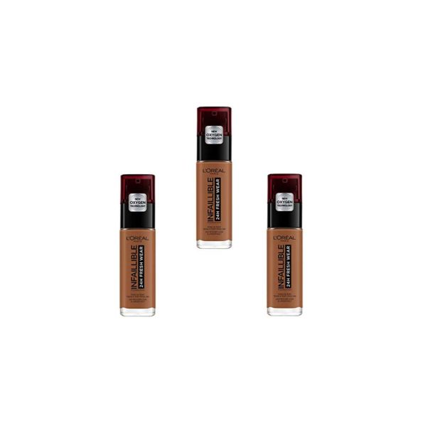 Fond de Teint Fluide Infaillible 24h Fresh Wear - Tous Types de Peaux - Teinte : Ambre Profond (375) - 30 ml, lot de 3 (3 x 30ml)