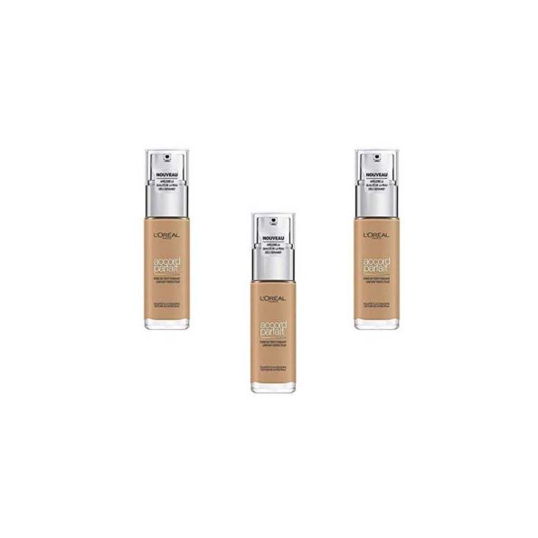 L’Oréal Paris Fond de Teint Fluide Accord Parfait – 6.5D Caramel Doré (Golden Toffee), Lot de 3 (3 x 30 ml)