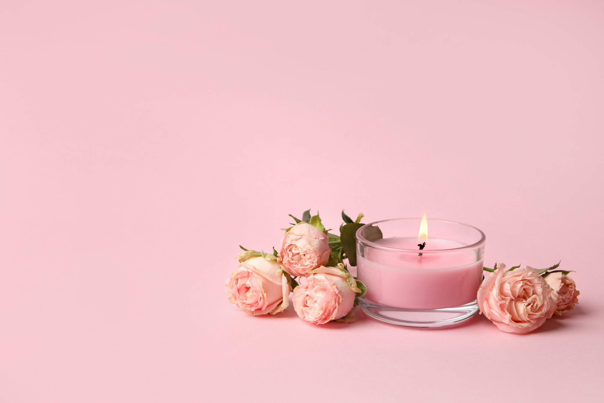 Scented Candle And Roses On Pink Background